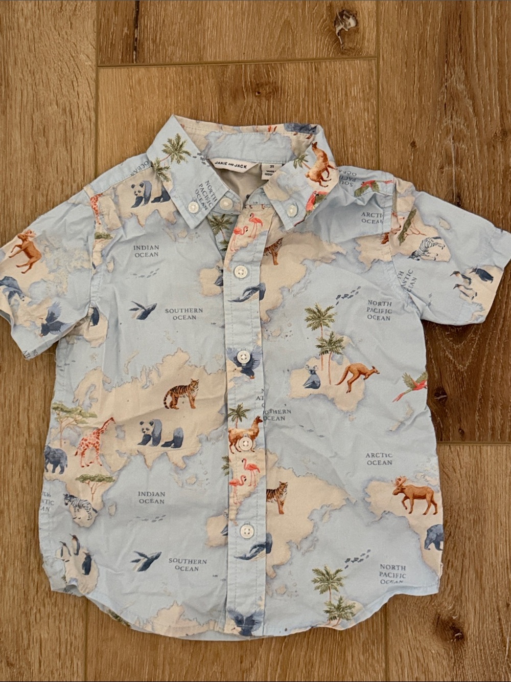 Janie and Jack | Light Blue Map & Animal Print Button-Down Shirt | size 2T
